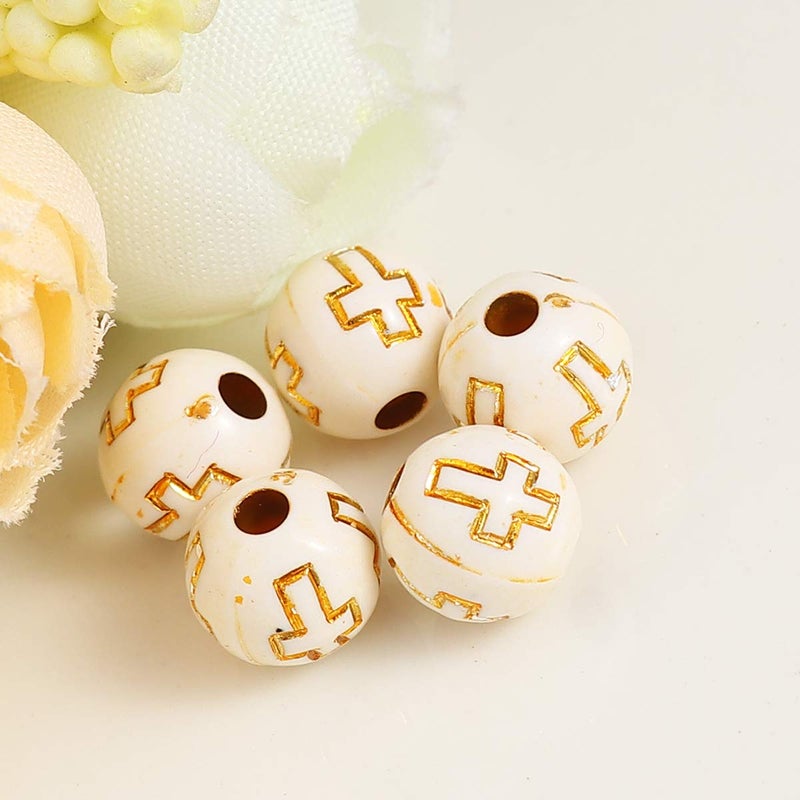 JGFinds Small Round Religious Spacer Beads, 500 Pack Ball Shaped Bead Spacers, 8mm (1/3 Inch) with 2mm Large Hole, Acrylic with Wood Look, Christian Beads (Off White Cross) - Image 4